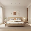 Minimalist Bedroom Interior Featuring Wooden Bed White Curtains Wall Art And Built in Wardrobe