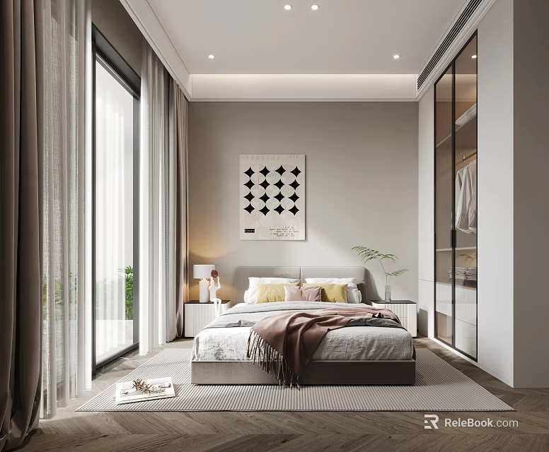 Modern Bedroom Interior With Large Windows Bed Nightstand Table Lamp And Geometric Wall Art 3d model 