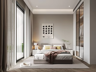 Modern Bedroom Interior With Large Windows Bed Nightstand Table Lamp And Geometric Wall Art 3d model