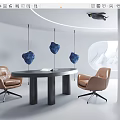 Modern Office Desk Interior With Oval Shaped Design Brown Leather Chairs And Blue Pendant Lights