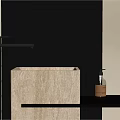 Minimalist Beige Washbasin With Black Faucet And Soap Bottle On Dark Wall