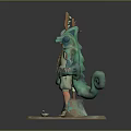 Teal Mythical Character With Creature Features Holding Staff On Patterned Base 3d model