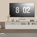 Modern TV Stand Living Room Setup With Large Screen TV Vase Books And Table Lamp