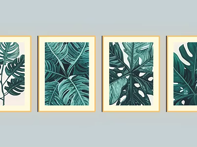 Set of Four Modern Botanical Paintings With Golden Frames And Tropical Green Leaves 3d model