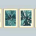 Set of Four Modern Botanical Paintings With Golden Frames And Tropical Green Leaves