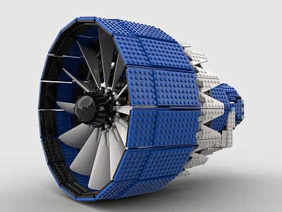 Building Blocks Blue And White Turbofan Engine Model With Rotating Blades 3d model