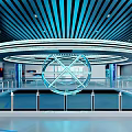 Modern Spacious Corridor With Gray Walls Long Ceiling Lights Blue Screens And Glass Railings