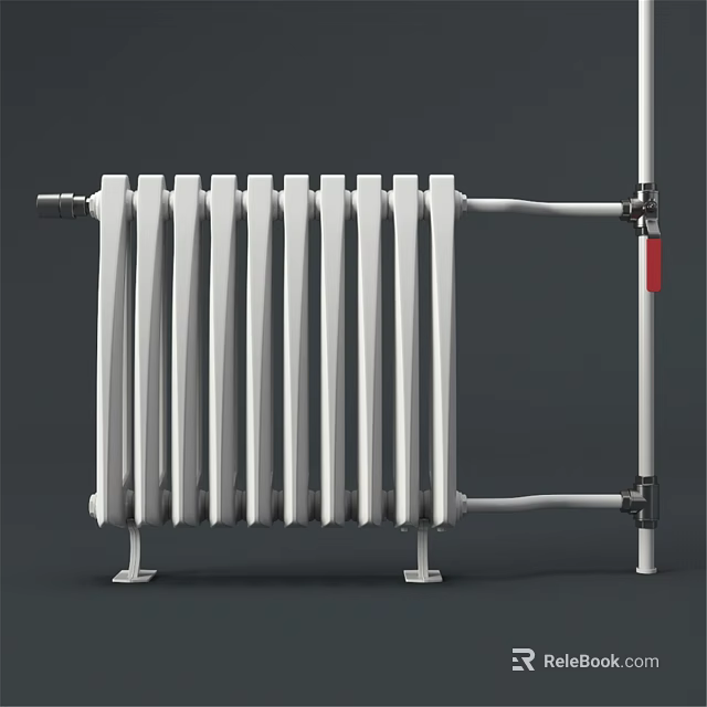 White Traditional Column Radiator for Home Heating with Pipes Brackets and Red Valve 3d model 
