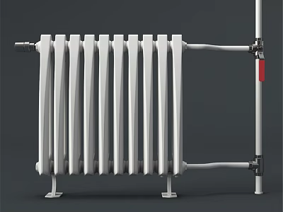 White Traditional Column Radiator for Home Heating with Pipes Brackets and Red Valve 3d model