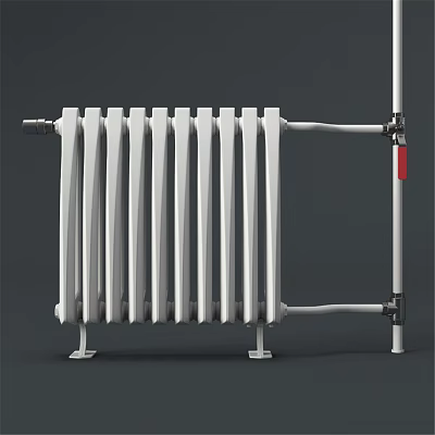 White Traditional Column Radiator for Home Heating with Pipes Brackets and Red Valve 3d model