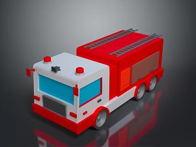 Cartoon Style Red And White Fire Truck With Ladder And Red Lights 3d model