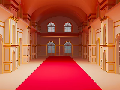 Cartoon Scene of Arched Hall With Red Carpet Golden Decorations and Windows 3d model