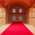 Cartoon Scene of Arched Hall With Red Carpet Golden Decorations and Windows