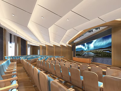 Modern Conference Room With Rows Of Comfortable Chairs And Large Projection Screen 3d model