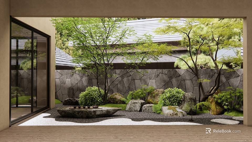 Japanese Style Courtyard Garden with Stone Wall Trees Rocks Gravel and Tiled Roof 3d model 
