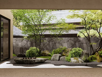 Japanese Style Courtyard Garden with Stone Wall Trees Rocks Gravel and Tiled Roof 3d model