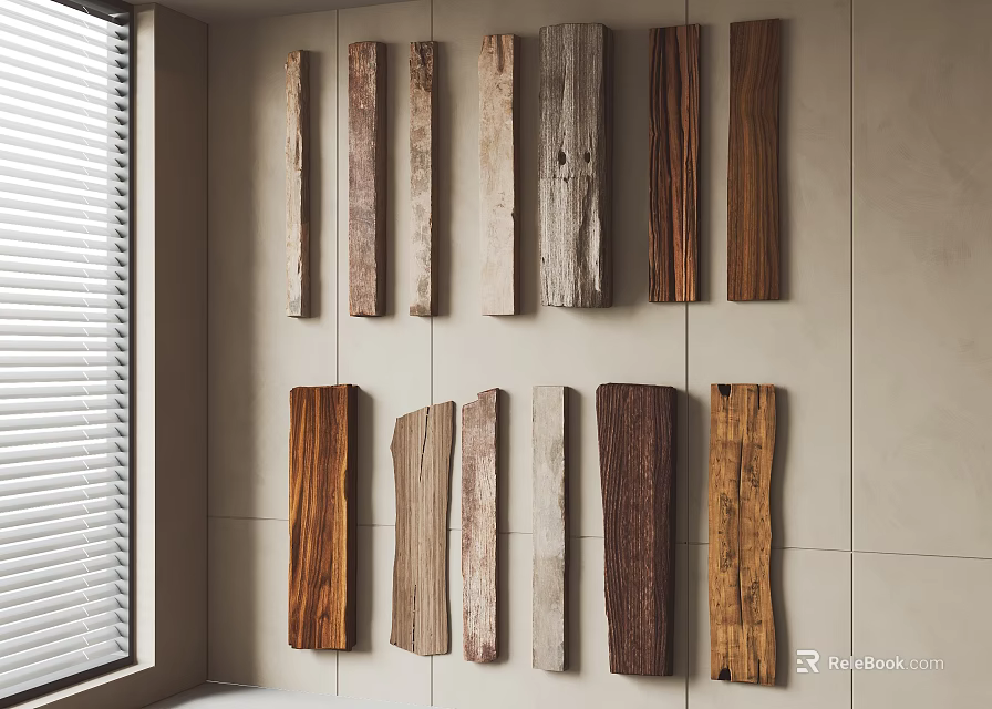 Natural Stone And Wood Wall Decor With Various Rustic Textured Wooden Planks 3d model 