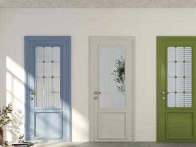 Colorful Wooden Hinged Doors with Glass Panels and Decorative Patterns in Bright Sunlit Interior 3d model