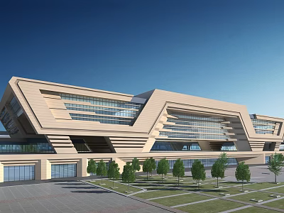 Modern Train Station Exterior With Geometric Design Large Glass Windows And Front Lawn Trees 3d model