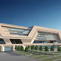 Modern Train Station Exterior With Geometric Design Large Glass Windows And Front Lawn Trees