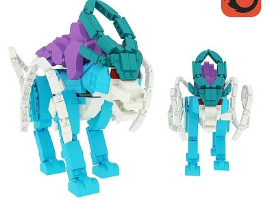 Colorful Mechanical Building Block Dolls Large And Small With Intricate Blue Purple White Parts 3d model