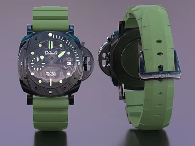 Panerai Luminor Watch With Green Rubber Strap Black Dial Luminous Markers 47mm Case Back Design 3d model