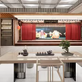 Traditional Chinese Tea House Interior With Wooden Shelves Tea Table And Decorative Plants