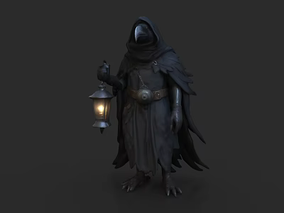 Game and Movie Character with Raven Headed Mask Black Cloak Holding Lit Lantern Clawed Feet 3d model