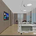 Modern Hospital Room Interior With Bed TV Chairs Window And Paintings