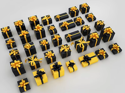 Ornament Decoration Set With Black And Yellow Gift Boxes And Golden Bows 3d model