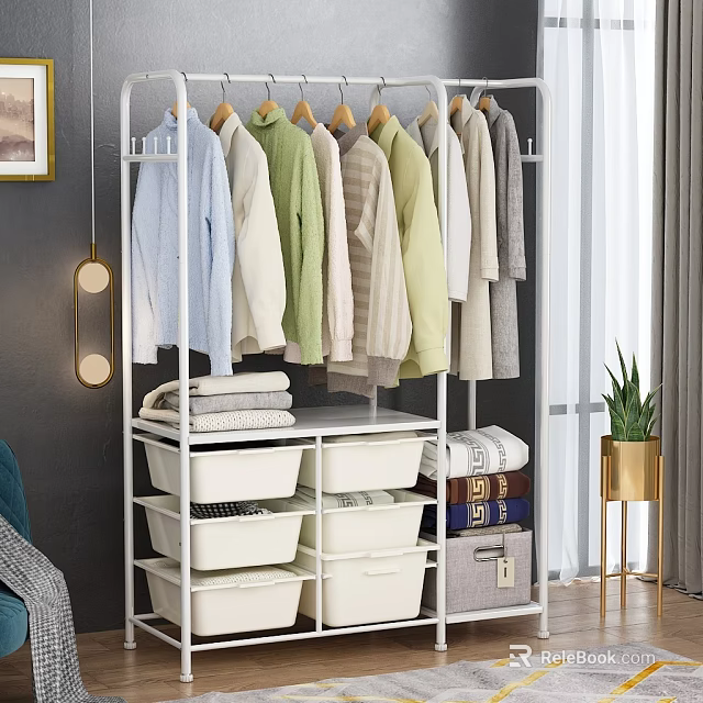Functional Clothes Rack With Hanging Garments Storage Bins And Foldable Towels Organizer 3d model 