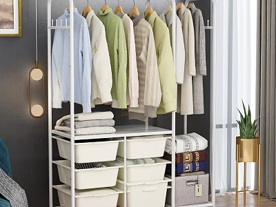 Functional Clothes Rack With Hanging Garments Storage Bins And Foldable Towels Organizer 3d model