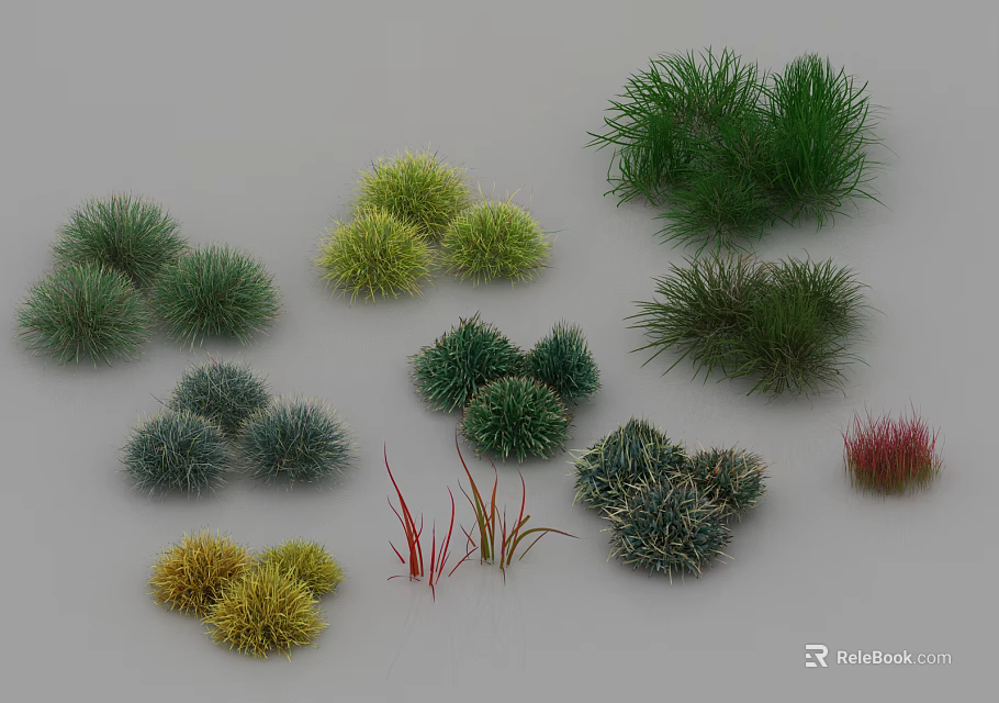 Diverse Types of Colorful Grass and Shrubs with Various Shapes and Hues 3d model 