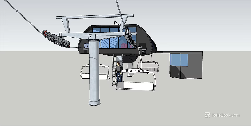 Modern Cableway Amusement Ride With Steel Support Structure Glass Windows And Chairlift Seats 3d model 