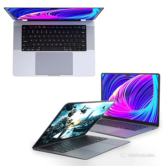Open and closed laptops with colorful screen displays and action scene graphics 3d model 