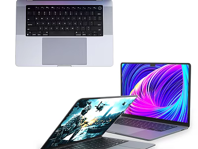 Open and closed laptops with colorful screen displays and action scene graphics 3d model