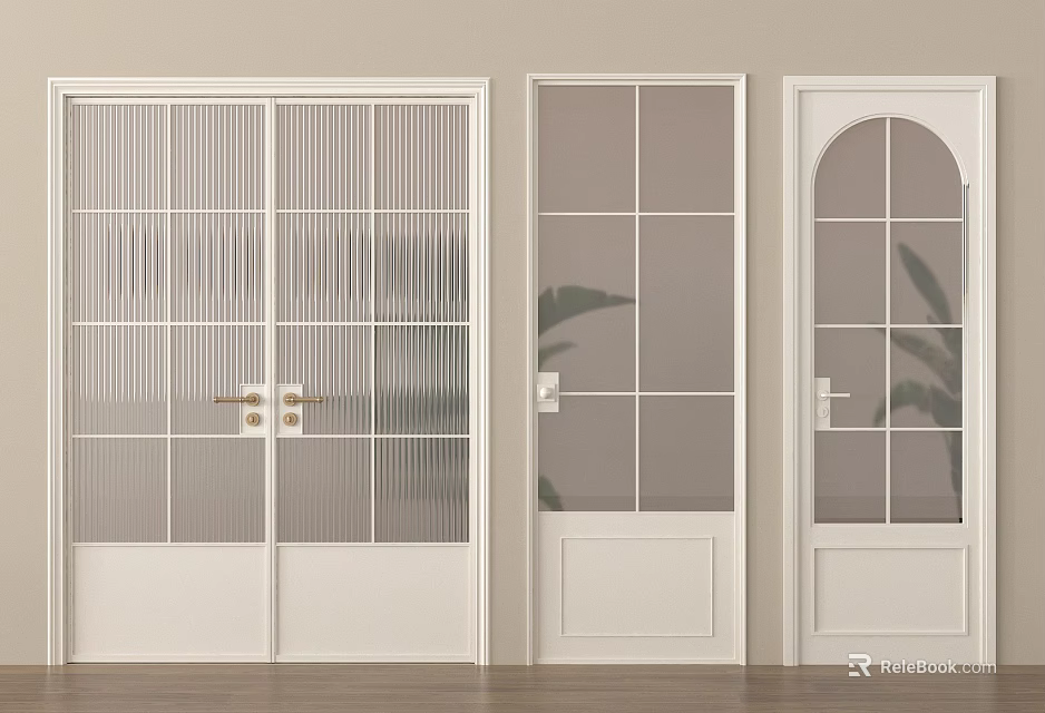 White Double Doors With Glass Panes And Plant Shadows On Wooden Floor 3d model 