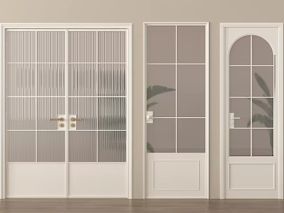 White Double Doors With Glass Panes And Plant Shadows On Wooden Floor 3d model