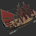 Vintage Wooden Ship With Red Sails Multiple Masts And Decorative Details