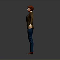 Woman in Brown Blazer White Top Blue Jeans and Red Shoes on Gray Background
