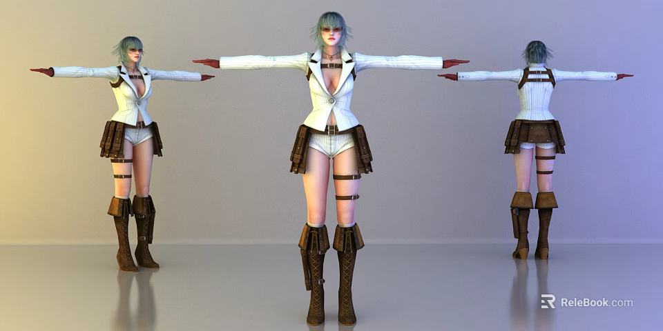 Game Movie Character with White Top Brown Skirt and Brown Boots Three Angles View 3d model 