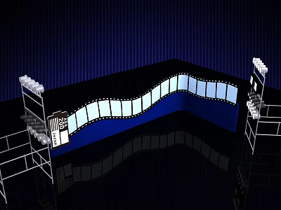 Modern Stage Design With Blue Backdrop Wavy White Strips Metal Frames And Reflective Floor 3d model