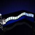 Modern Stage Design With Blue Backdrop Wavy White Strips Metal Frames And Reflective Floor