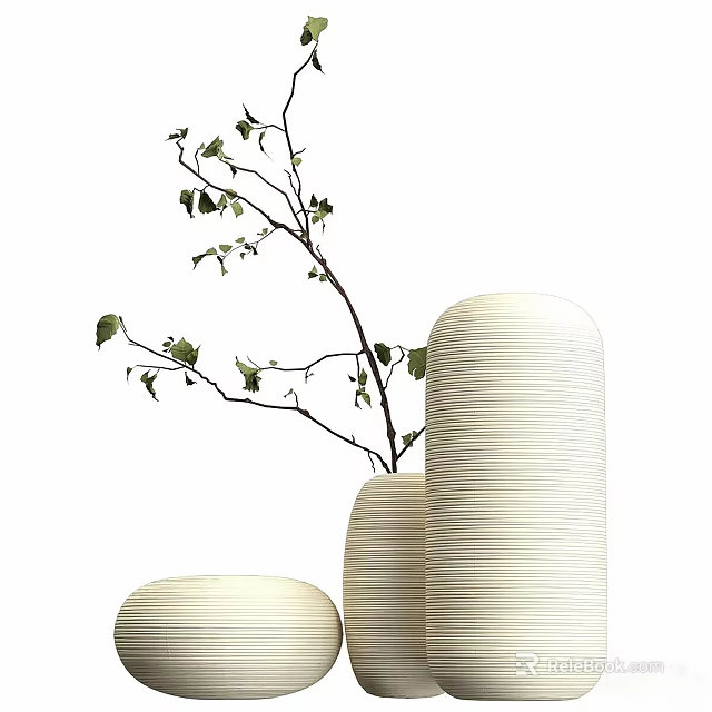 Ornamental Decor Set Featuring White Striped Cylindrical Vases And Green Leaf Branch 3d model 