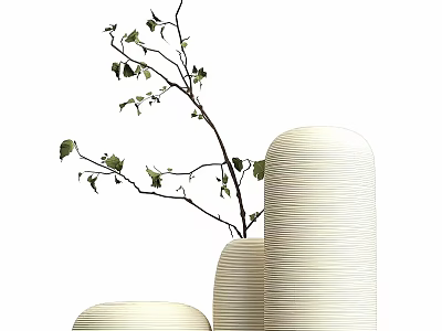 Ornamental Decor Set Featuring White Striped Cylindrical Vases And Green Leaf Branch 3d model