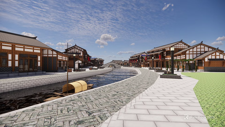 Traditional Commercial Street With Traditional Style Buildings Small River And Stone Paved Path 3d model 