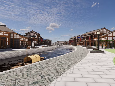 Traditional Commercial Street With Traditional Style Buildings Small River And Stone Paved Path 3d model