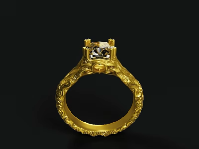 Elegant Gold Ring with Intricate Engraved Patterns and Sparkling Diamond Setting 3d model