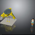 Small Character In Blue Outfit With Yellow Robot Transparent Dome And Mechanical Arms