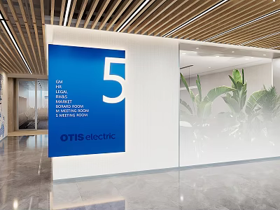 Modern Elevator Lobby OTIS Electric Floor 5 With Glass Partition Wooden Ceiling And Green Plants 3d model